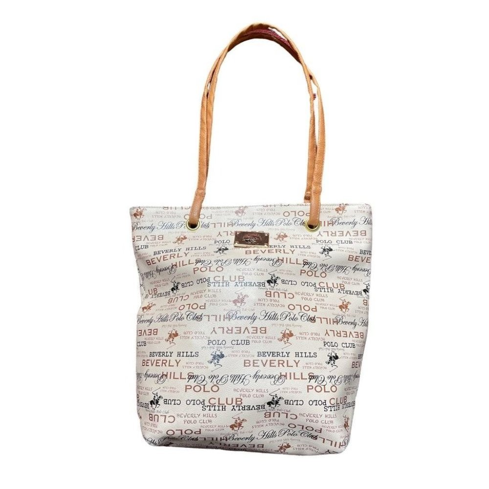 Beverly Hills Polo Club Womens Tote Bag Beige Black Monogram Dual Handle Zip M
